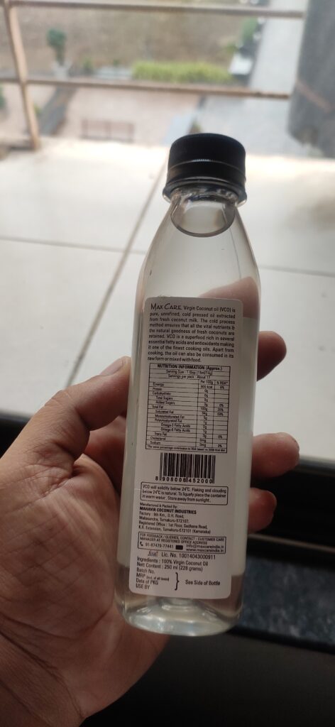 elements in max care coconut oil